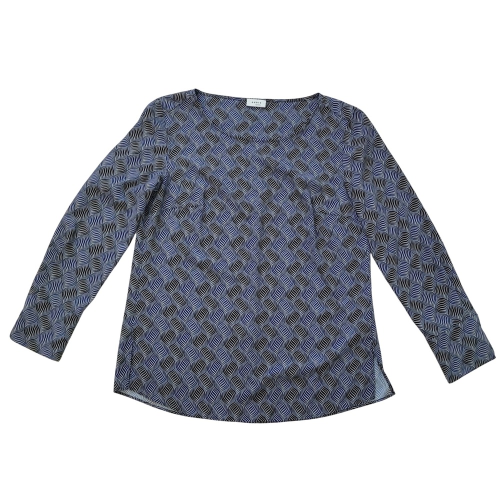 Akris Punto Womens Size US 8 Blue Black Wave Pattern V Neck Long Sleeve Top